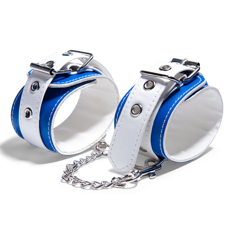 Soft Adjustable Blue And White Handcuffs SM Bondage Restraints Set