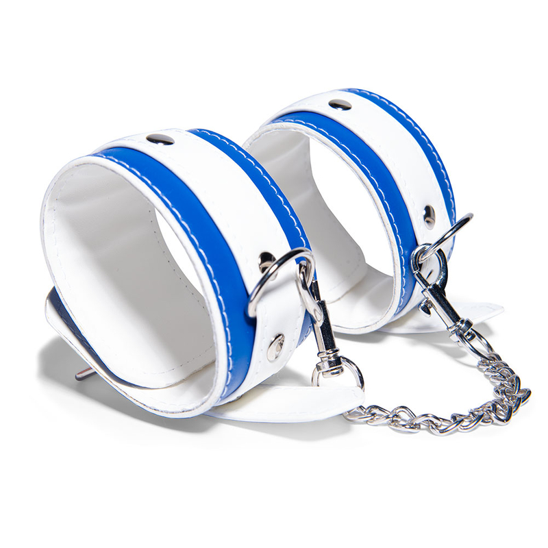 Soft Adjustable Blue And White Handcuffs SM Bondage Restraints Set