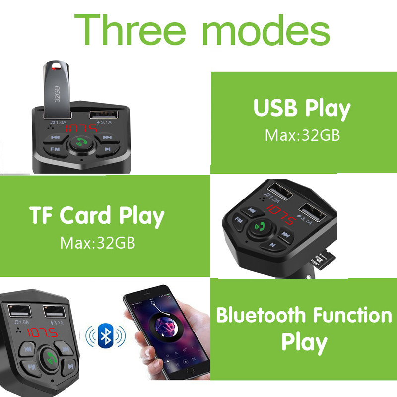 Handsfree Car Kit FM Transmitter 3.1A Quick Dual USB Charger LCD Digital Voltmeter TF Card U disk AUX Player