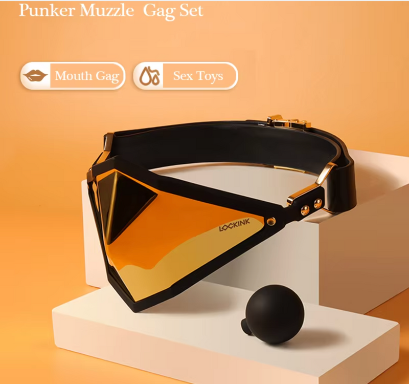Adult SM Bondage Restraint for Enhanced Sensory Deprivation Golden Punker Locking Muzzle Gag with Premium Leather Straps