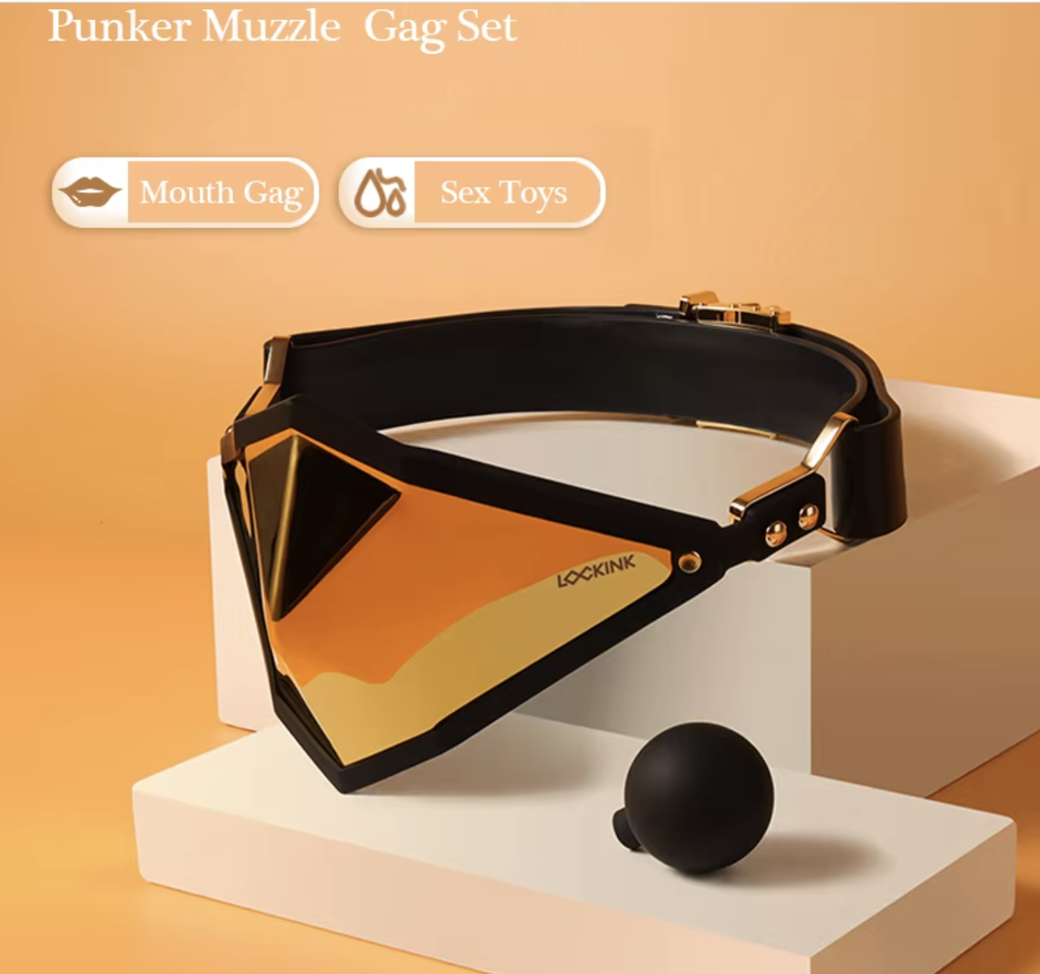 Adult SM Bondage Restraint for Enhanced Sensory Deprivation Golden Punker Locking Muzzle Gag with Premium Leather Straps