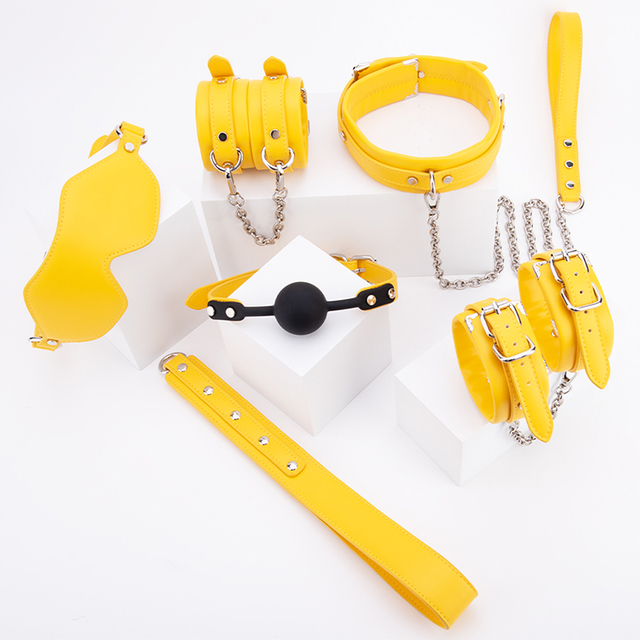 6PCS Luxury Yellow PU Leather Bondage SM Toys Kit Handcuffs Blindfold Gag Collar and Spanking Whip for Adult BDSM Play