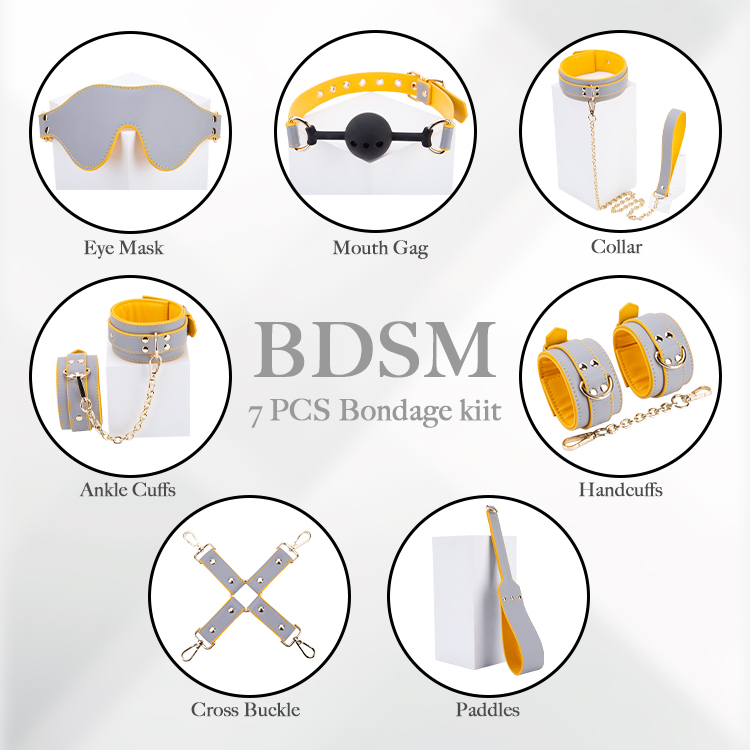 7PCS Sleek Grayish Yellow PU Leather Bdsm Bondage Kit Six Piece Set for Couples' Adventurous Bondage Play
