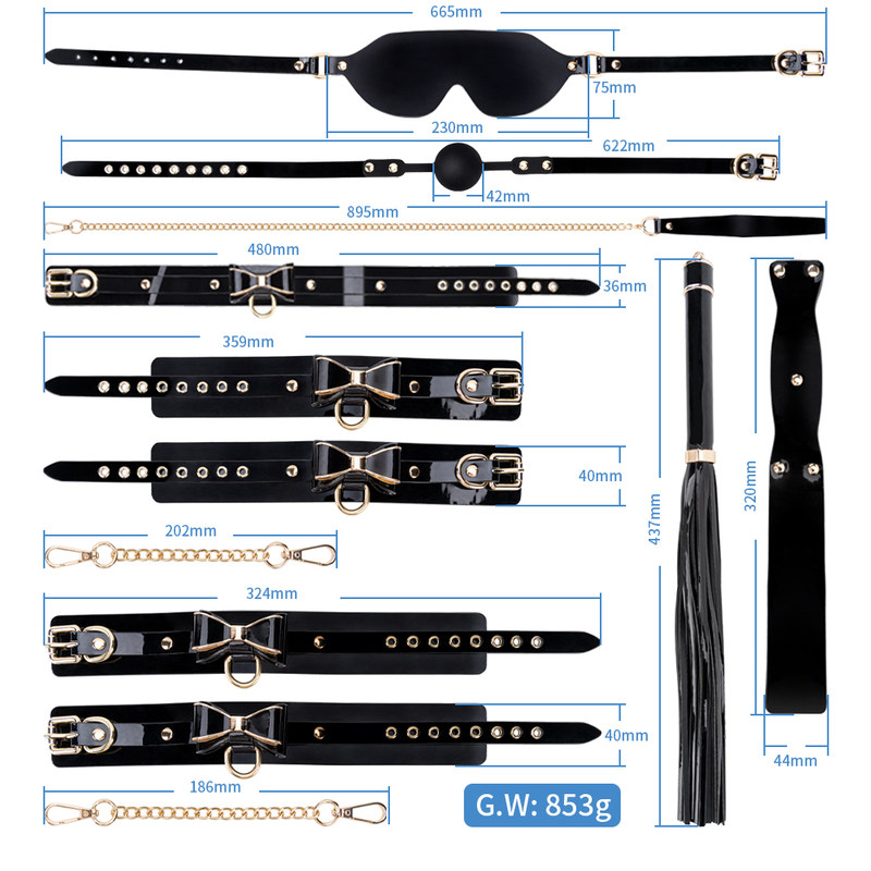 7PCS Sleek Black PU Leather Couple's Bondage Kit with Restraints for Pleasurable Adult SM Play