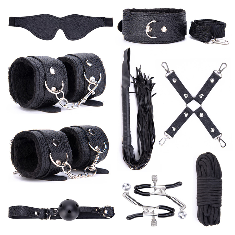 9PSC SM Erotic Role Play Kit 9 Piece Genuine Leather Bondage Set for Couples BDSM Cosplay and Fantasy