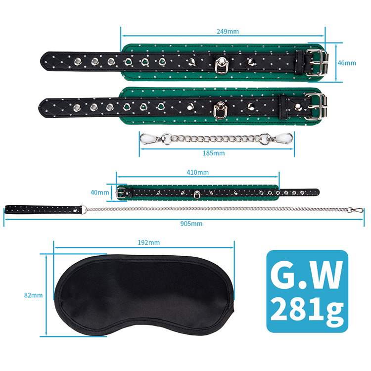 3PCS Green Black SM Bondage Kit Choker Handcuff and Ankle Cuffs Set for Fetish Roleplay and Bondage Slave Play