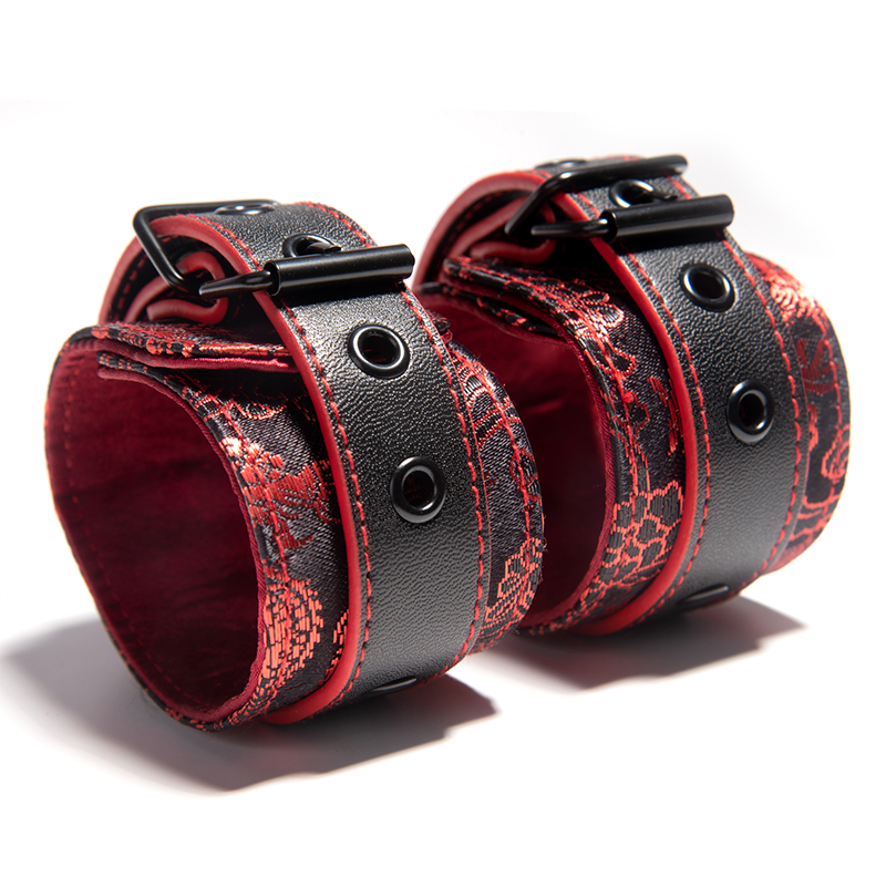 SM Bondage PU Leather Handcuffs Black and Red Customized Leather Sex Toys Chinese Traditional Pattern Master's weapon For Couple