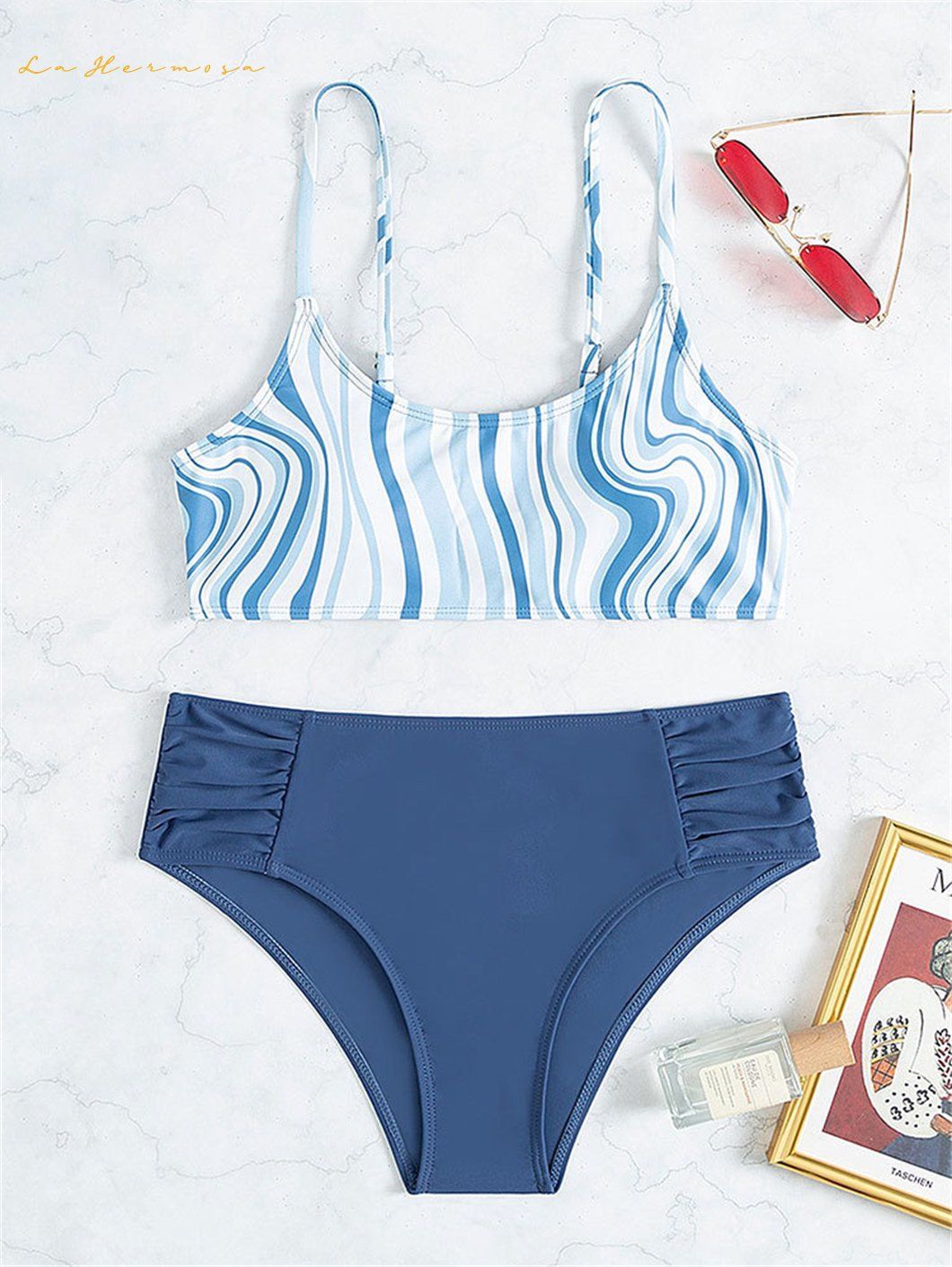 Sexy Ladies Tube Top Strap Two Piece Swimsuit Blue Irregular Striped Bathing Suit High Waist Shein Swimsuit Wholesale Bikinis