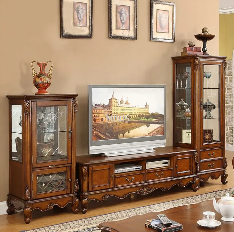 Salon marron bon meuble TV et table basse en bois 