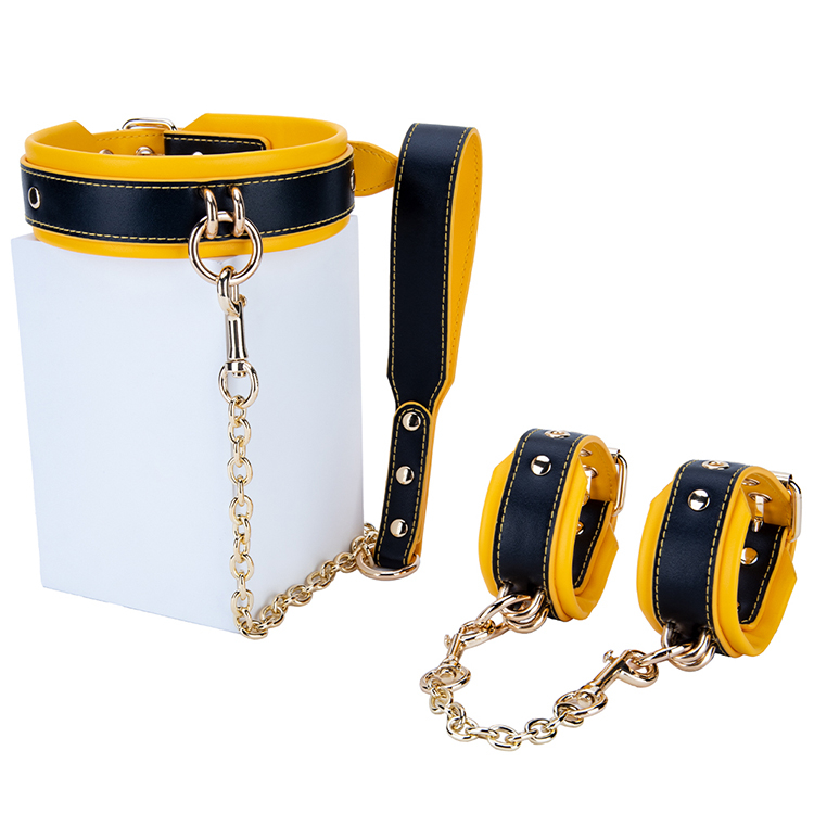 Adult 2PCS Yellow and Black BDSM SM Bondage Kit Choker and Handcuff Set for Sexy Couple Games and Bondage Fetish Play