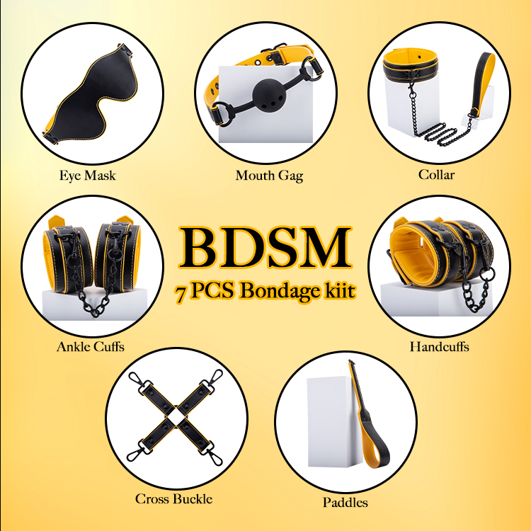 7PCS Luxury Yellow PU Leather Bondage SM Toys Kit Handcuffs Anklecuffs Blindfold Mouth Gag Collar and Spanking Whip for Adult BDSM Play