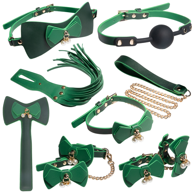 7PCS Unlock a Realm of Sensory Delight with This Elegant Green Bow Bondage with Adorned Bondag