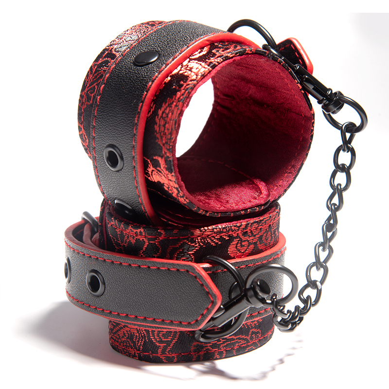 SM Bondage PU Leather Handcuffs Black and Red Customized Leather Sex Toys Chinese Traditional Pattern Master's weapon For Couple