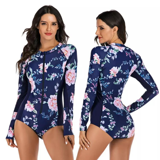 Maillot de bain une pièce pour femmes à manches longues et fermeture éclair Beach Wear