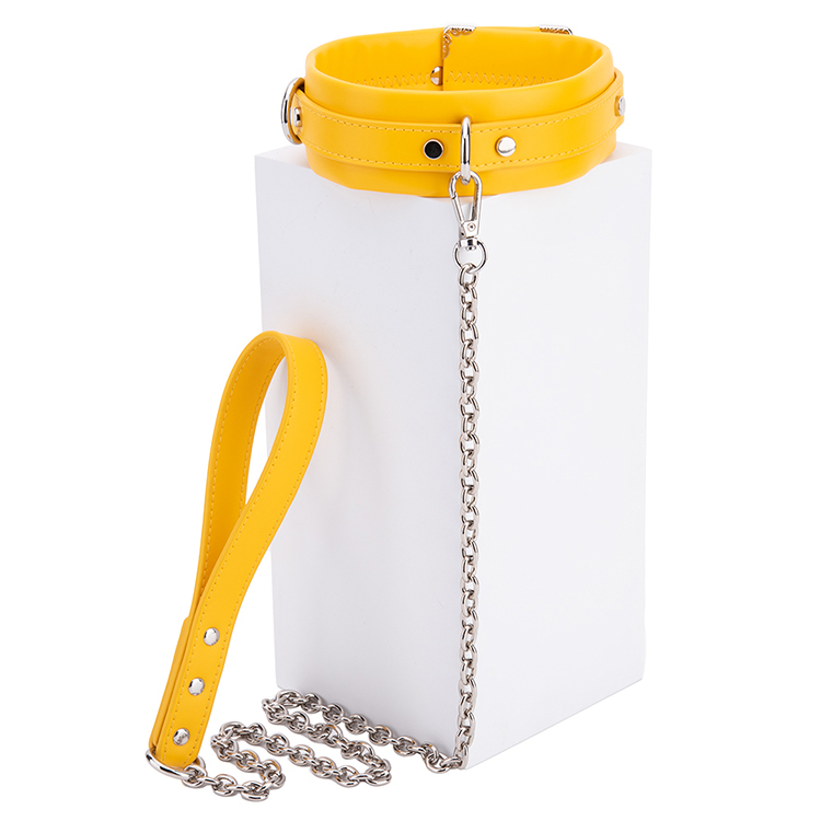 6PCS Luxury Yellow PU Leather Bondage SM Toys Kit Handcuffs Blindfold Gag Collar and Spanking Whip for Adult BDSM Play