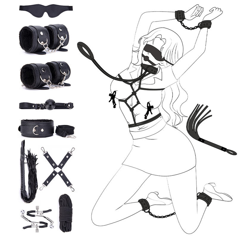 9PSC SM Erotic Role Play Kit 9 Piece Genuine Leather Bondage Set for Couples BDSM Cosplay and Fantasy