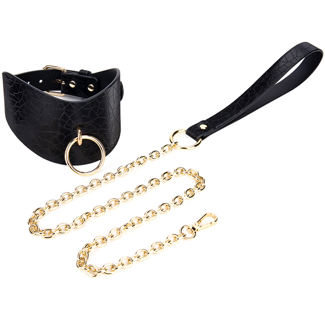 Royal Design PU Leather SM Collar with Neoprene Lining and Metal Chain Leash Soft BDSM Bondage Gear for Slave Roleplay