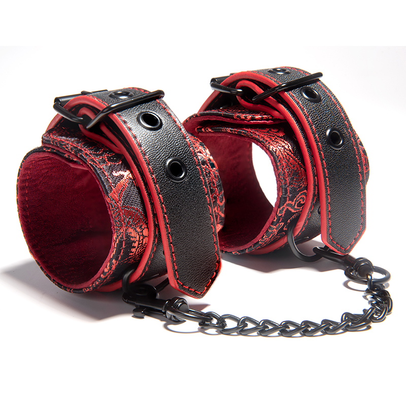 SM Bondage PU Leather Handcuffs Black and Red Customized Leather Sex Toys Chinese Traditional Pattern Master's weapon For Couple