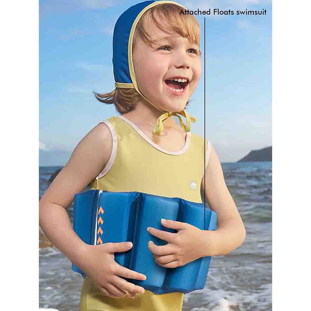 yellow blue kids swimsuit with attached swim floats tie up cap in upf 50little surprise box