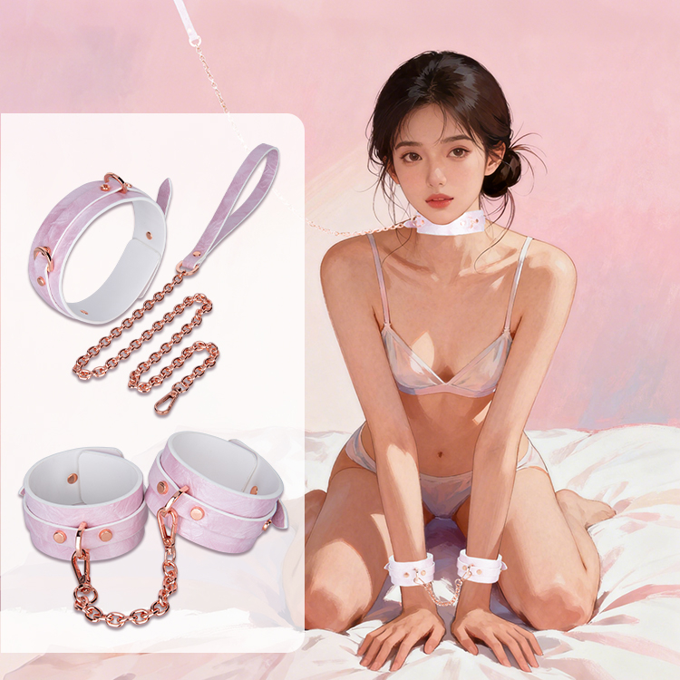 High Quality 2 Piece Leather BDSM Bondage Set Handcuff Collar and Chain Erotic Sex Toys for Adults and Couples