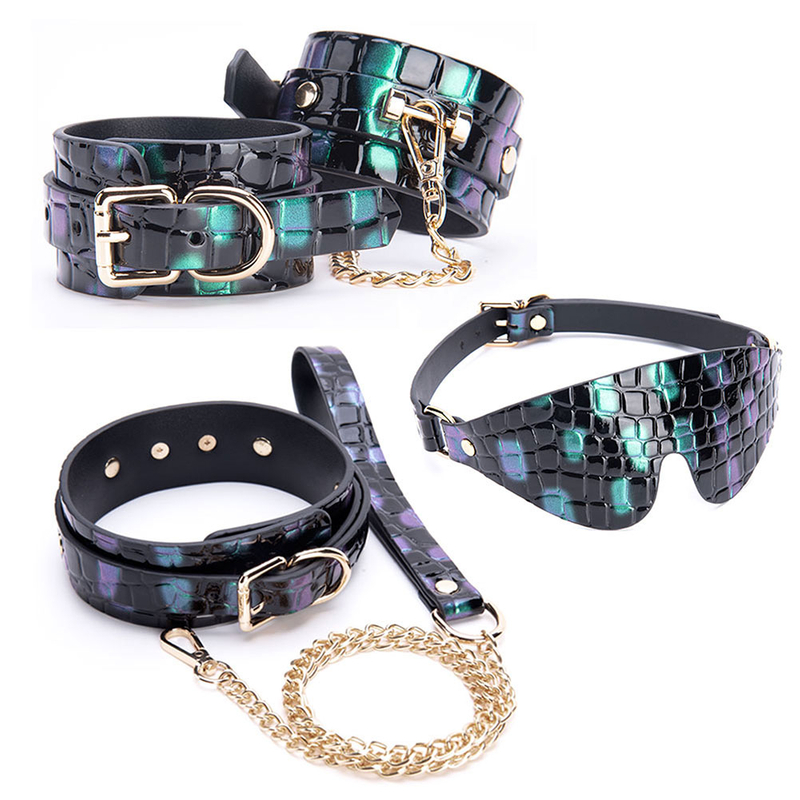 3PCS Green Black SM Bondage Kit Choker Handcuff and Ankle Cuffs Set for Fetish Roleplay and Bondage Slave Play