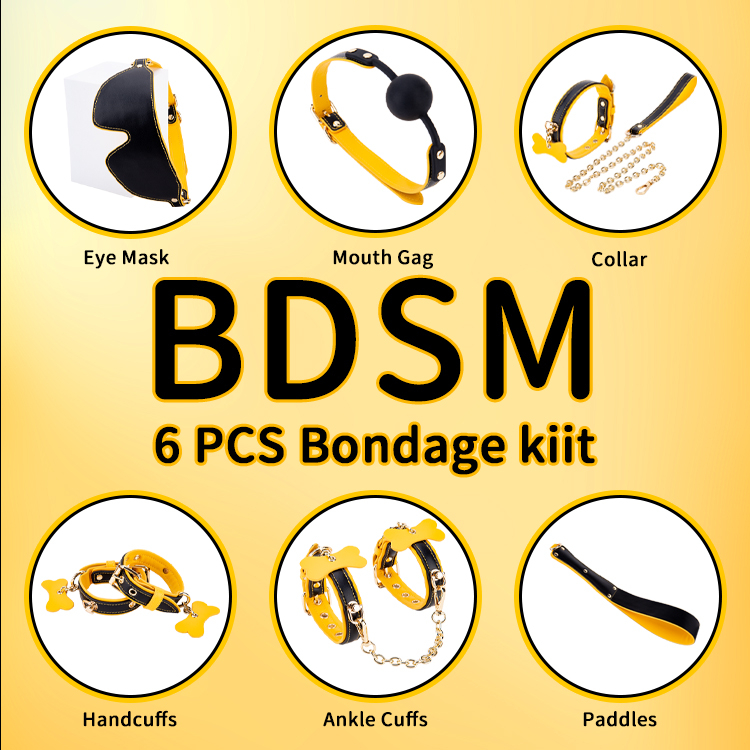 6PCS Yellow and Black BDSM Adult Cosplay Bondage Set 6 Piece Collection for Couples' Flirting and SM Adventures