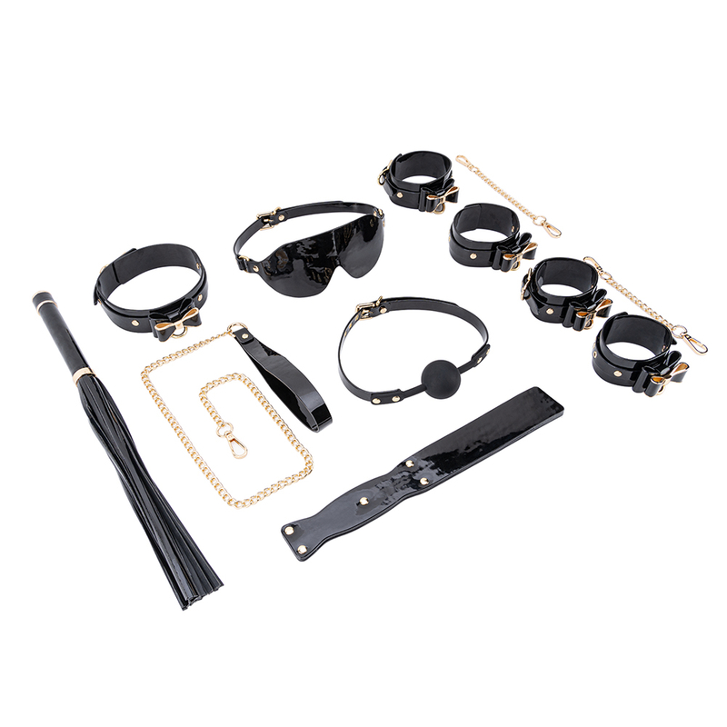 7PCS Sleek Black PU Leather Couple's Bondage Kit with Restraints for Pleasurable Adult SM Play