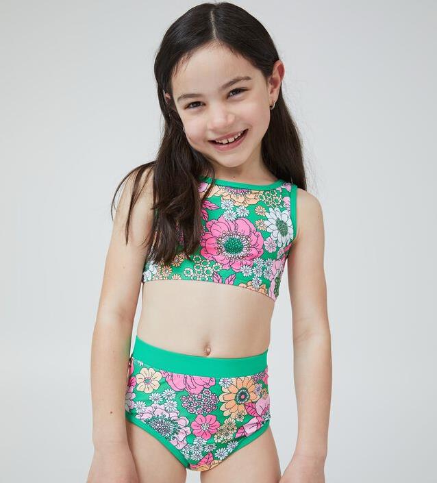 Green Printed Girls Swimsuit