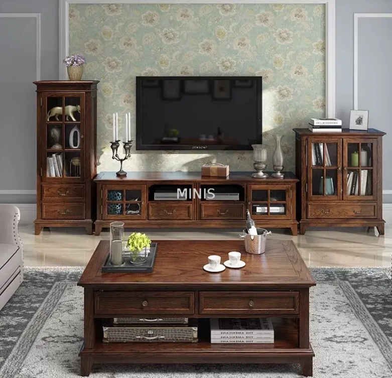 Living Room Brown Good Tv Cabient And Wooden Coffee table Sala de estar Marrón Buen mueble de TV y mesa de centro de madera