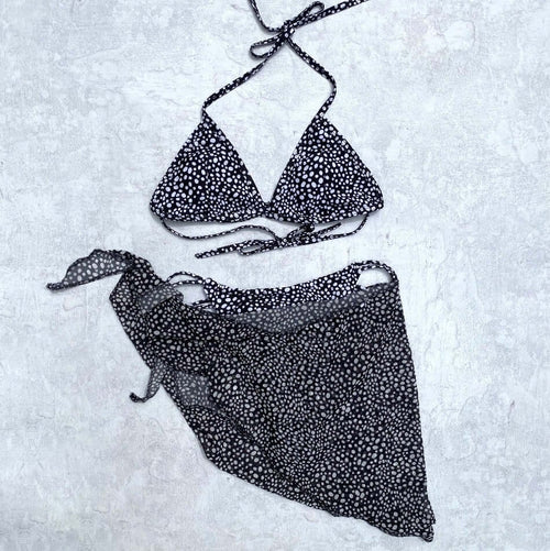black and white polka-dotted bikini set