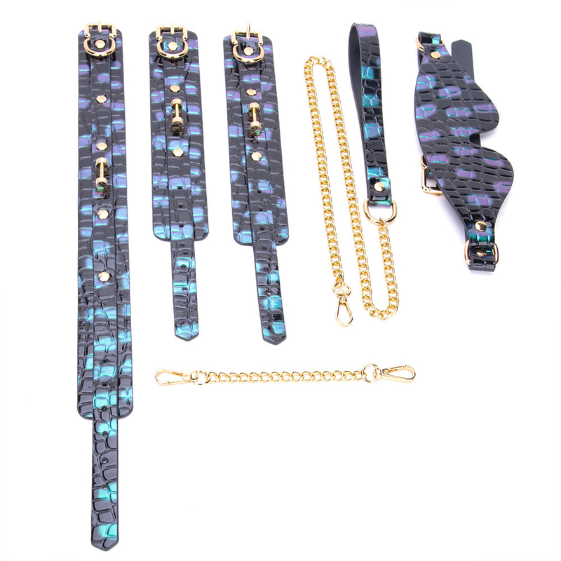 3PCS Green Black SM Bondage Kit Choker Handcuff and Ankle Cuffs Set for Fetish Roleplay and Bondage Slave Play