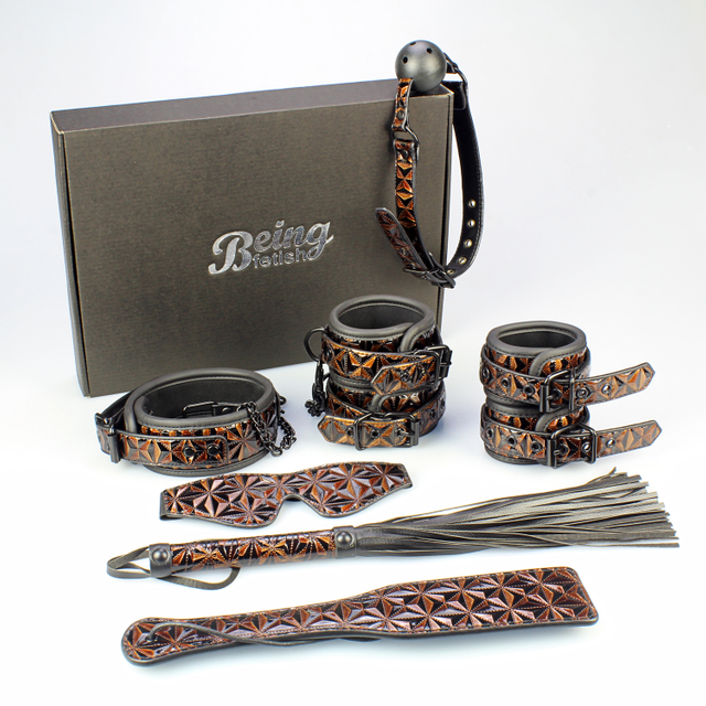 7PSC Orange Diamond Pattern Bondage Kit a 7 Piece Set Designed to Unleash Couples Most Vibrant Fetish Fantasies