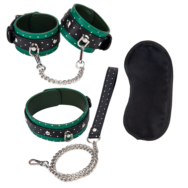 3PCS Green Black SM Bondage Kit Choker Handcuff and Ankle Cuffs Set for Fetish Roleplay and Bondage Slave Play