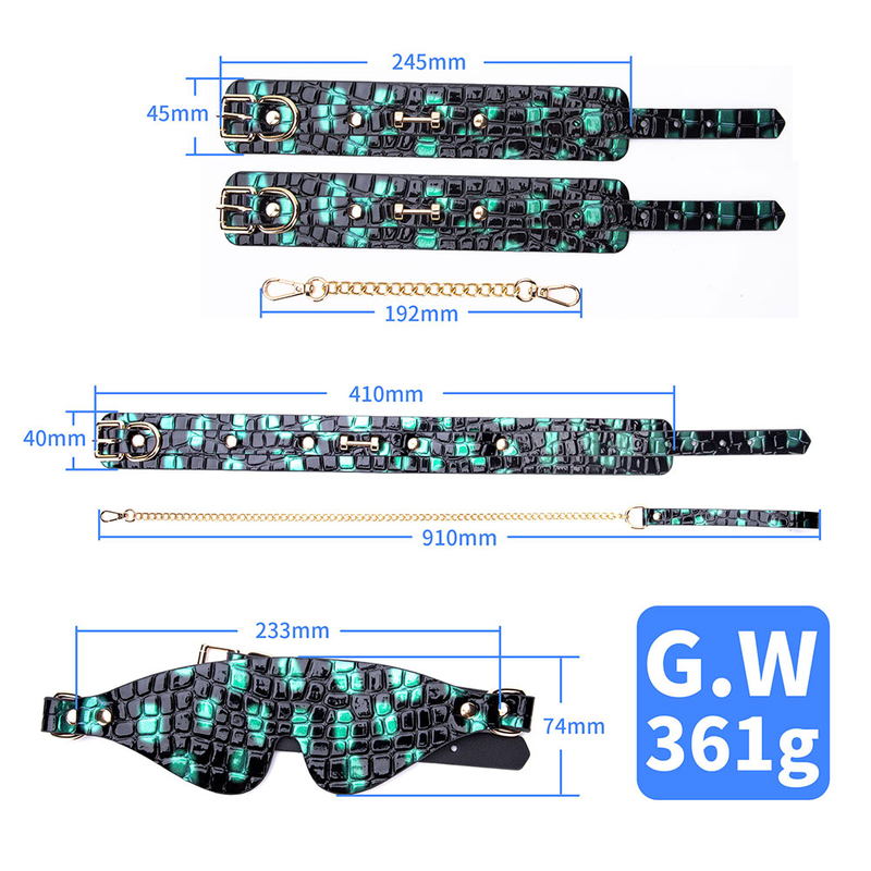 3PCS Green Black SM Bondage Kit Choker Handcuff and Ankle Cuffs Set for Fetish Roleplay and Bondage Slave Play