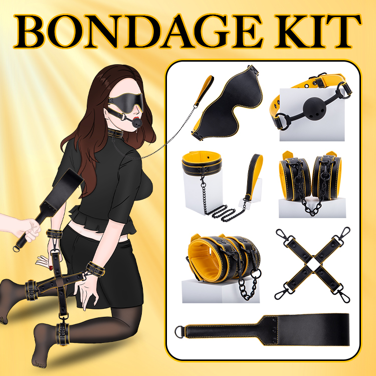 7PCS Luxury Yellow PU Leather Bondage SM Toys Kit Handcuffs Anklecuffs Blindfold Mouth Gag Collar and Spanking Whip for Adult BDSM Play
