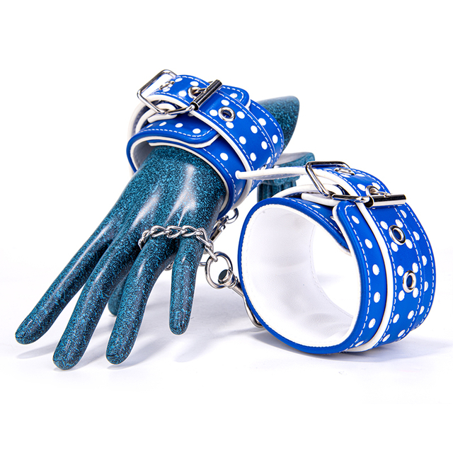 BDSM Bondage Blue PU Leather Handcuffs Adult Erotic Toys for BDSM Restraint Play