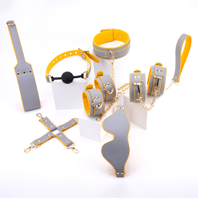7PCS Sleek Grayish Yellow PU Leather Bdsm Bondage Kit Six Piece Set for Couples' Adventurous Bondage Play