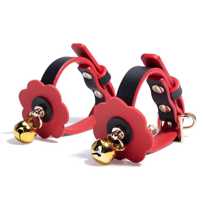Soft Adjustable Red Ankle Cuffs With Bells SM Bondage Restraints Set
