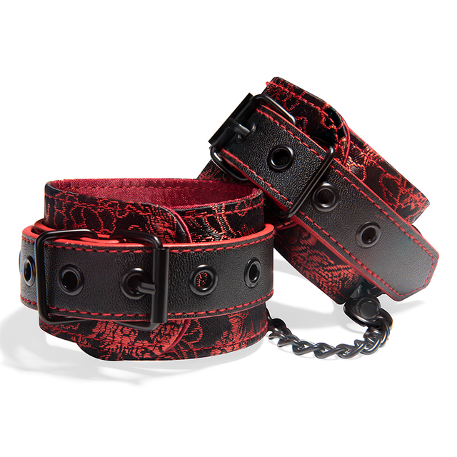 SM Bondage PU Leather Handcuffs Black and Red Customized Leather Sex Toys Chinese Traditional Pattern Master's weapon For Couple