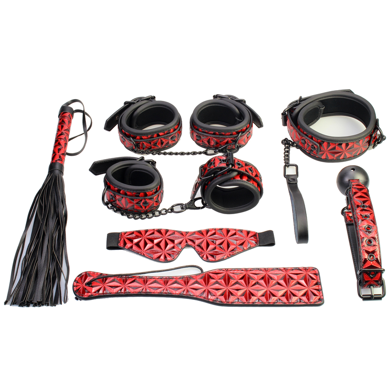 Adult Diamond Pattern BDSM Bondage Set: Handcuffs Nipple Clamps Gag Whip and Ropes for Couples
