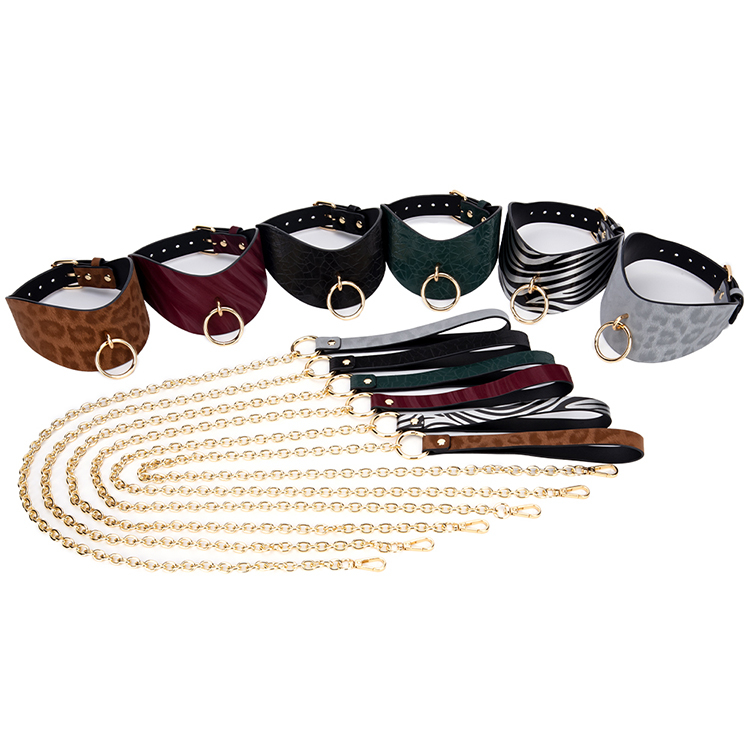 Royal Design PU Leather SM Collar with Neoprene Lining and Metal Chain Leash Soft BDSM Bondage Gear for Slave Roleplay