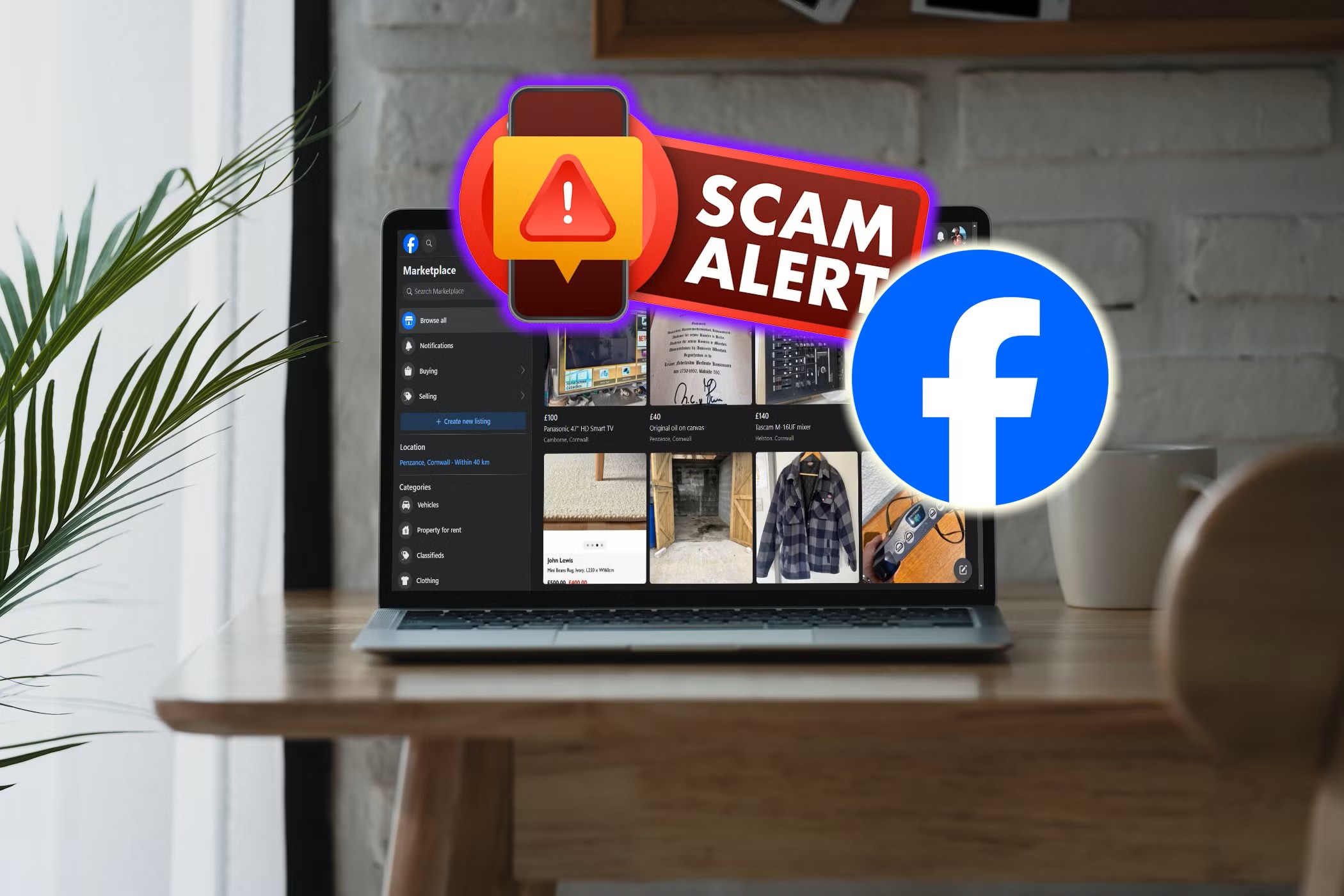 facebook marketplace scam alert sign with logo