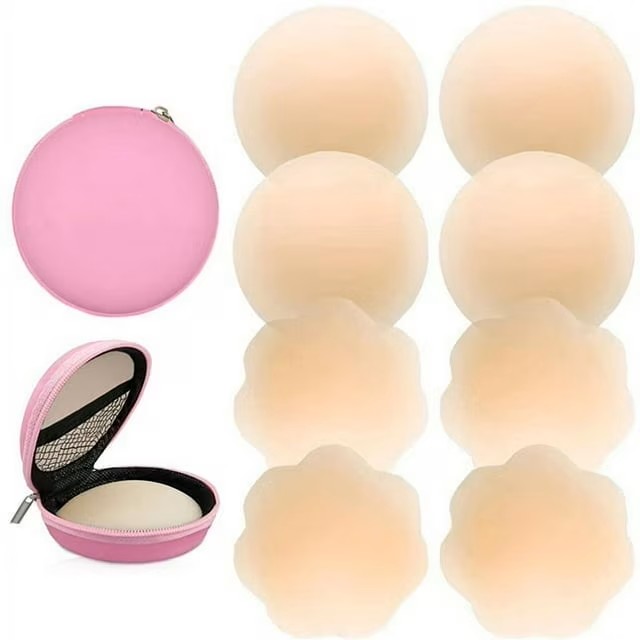 Silicone Nipple Covers Reusable 4 Pairs Pasties Women Nipple Covers Reusable Adhesive Silicone Nippleless Covers with Case 2 Round 2 Flower