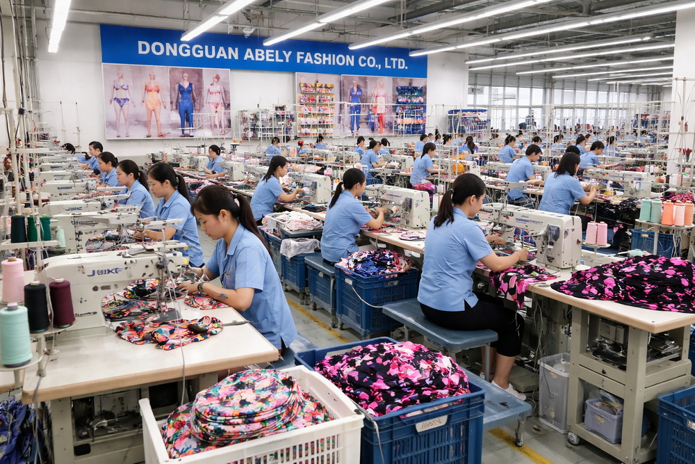 factory floor shot of Dongguan Abely production line with 4-needle flatlock machines in operation.jpg