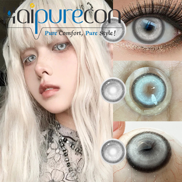 Uma modelo exibindo maquiagem impec&aacute;vel combinada com lentes de contato com glitter prateado