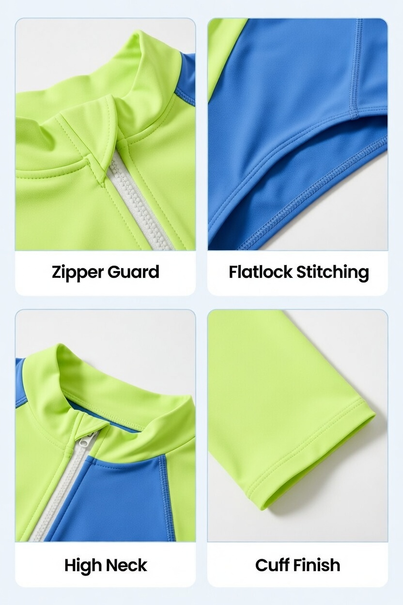 Swimwear Features - Zipper Guard, Flatlock Stitching, High Neck, Cuff Finish Swimwear Features - Zipper Guard, Flatlock Stitching, High Neck, Cuff Finish