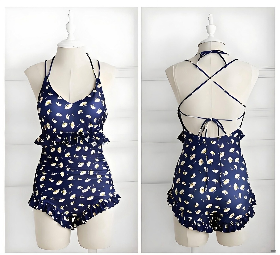 tropical palm leaf print one piece romper swimsuit flatlay with accessories tropical palm leaf print one piece romper swimsuit flatlay with accessories