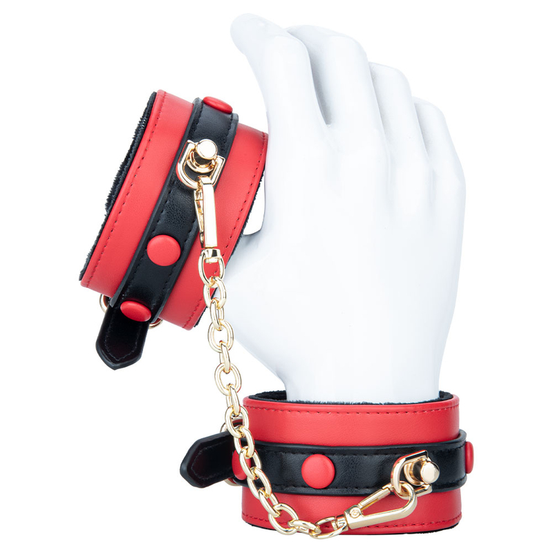 Women Faux Leather Bondage Harness with Plush Lined Shackle Handcuffs and Adjustable Restraint Cuffs Set