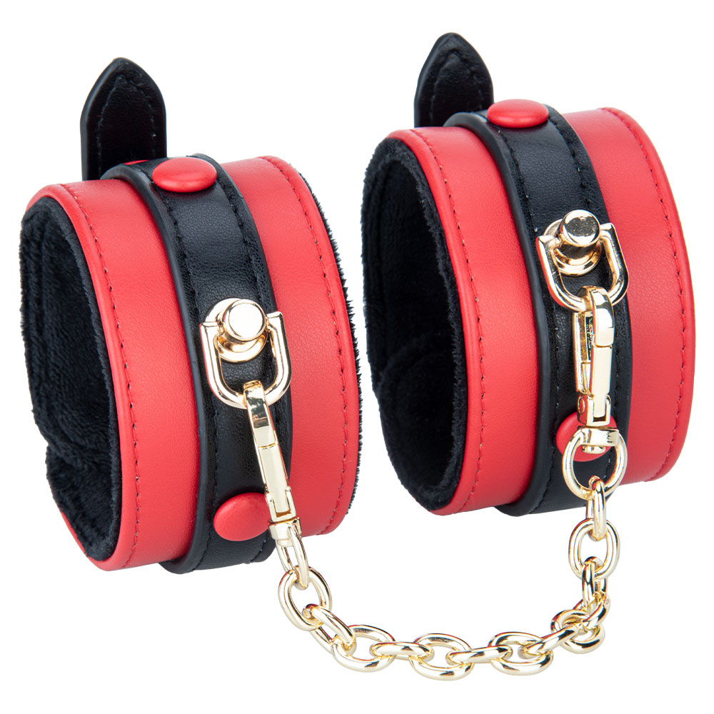 Women Faux Leather Bondage Harness with Plush Lined Shackle Handcuffs and Adjustable Restraint Cuffs Set