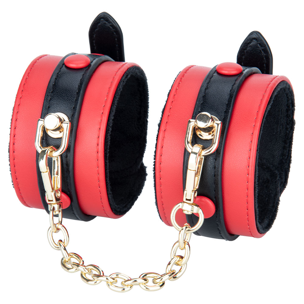 Women Faux Leather Bondage Harness with Plush Lined Shackle Handcuffs and Adjustable Restraint Cuffs Set